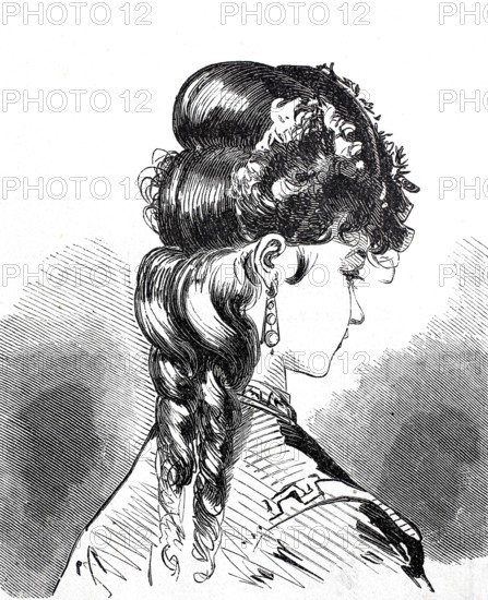 Women's heads, hairstyles and headgear around 1860, dress a la Watteau, wadding, rococo,