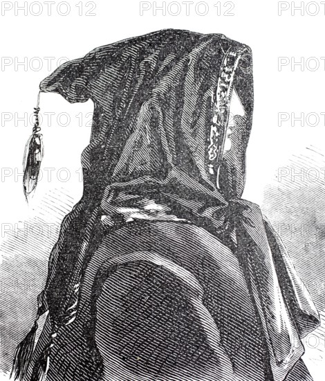 Women's heads, hairstyles and headgear around 1860, Baschlik, a hood-like bonnet with two long