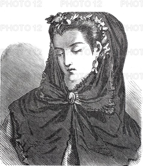 Women's heads, hairstyles and headgear around 1860, hat with Spanish mantilla, lace veil worn
