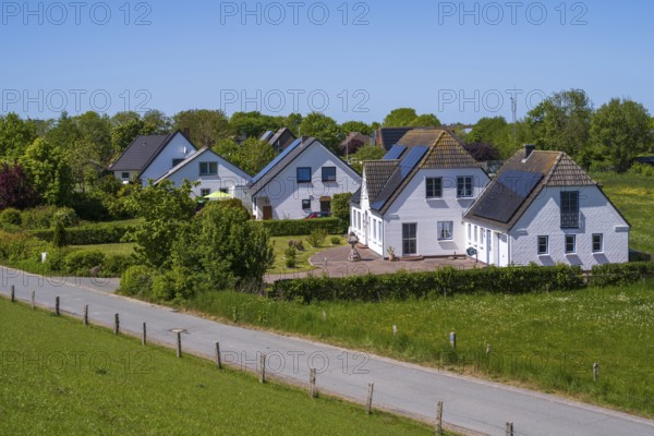 Detached houses with photovoltaics on the roof, landscape on the dyke, Tammensiel, Pellworm Island,