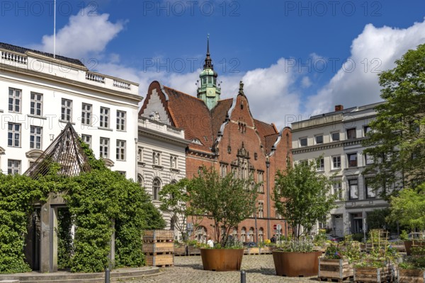 Flower boxes on Geibelplatz and the Ernestinenschule in the Hanseatic city of LÃ¼beck,