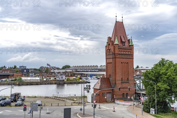 Bridge tower of the lift bridge and the Trave, Hanseatic City of LÃ¼beck, Schleswig-Holstein,