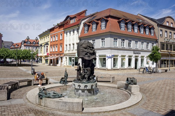 Boot fountain by sculptor Vinzenz Wanitschke at Döbeln's Niedermarkt, Old Town, Döbeln, Saxony,