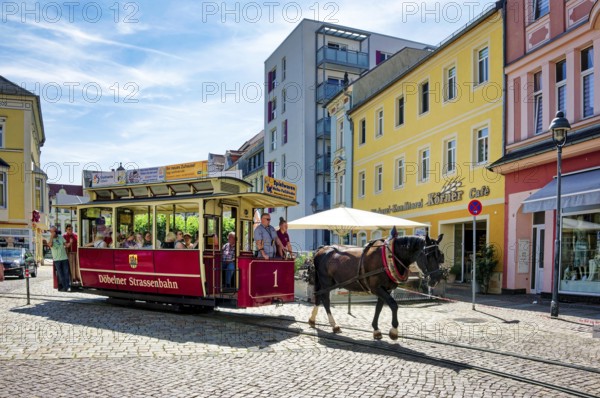 Döbeln tram, historic horse-drawn tram at Döbelner Untermarkt, rail transport, public transport,