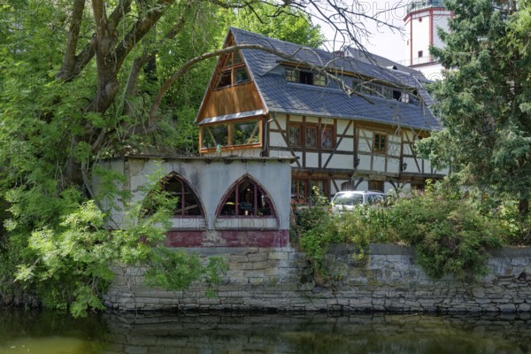 Historic dyers' houses on the Mulde river, renovated half-timbered buildings, Döbeln old town,