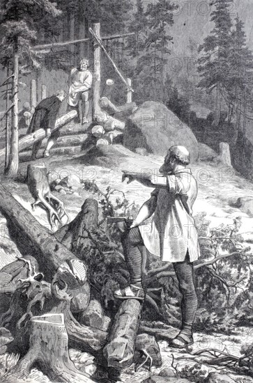 Construction of a log cabin in the forest, woodcutter, tree trunks, 18th century, Falkenstein,