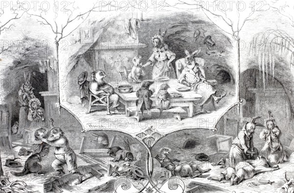 Die Kaffeevisite bei KÃ¼nigls, Kaninchen, after an animal fable by Dr JÃ¤ger, 1870, Historical,