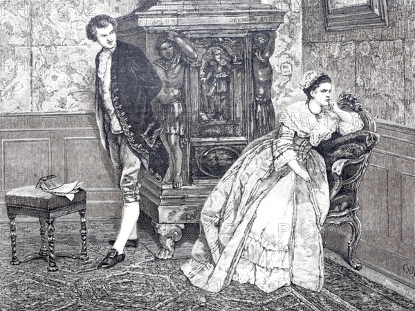 Sulking woman, annoyed with her man, living room with tiled stove, around 1870, distinguished