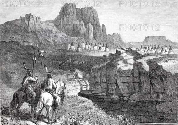 An Indian camp with tents, tepees, in West Dakota in 1860, America, Historical, digitally enhanced
