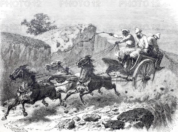 An express mail coach in the East Indies in 1870 at full speed, Carriage, Three-horse carriage,