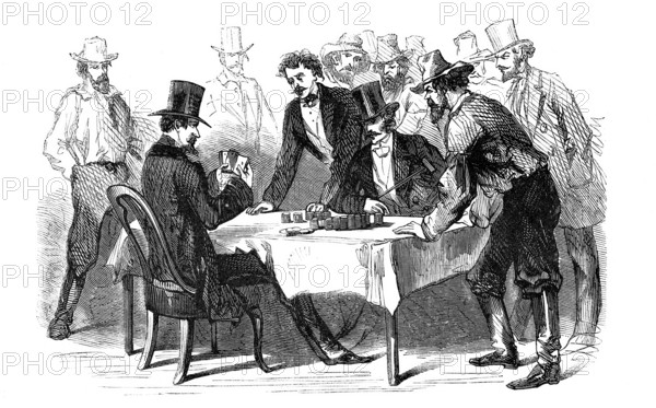 Men gambling, Card game, Poker, America, Historical, Reproduction of an original with a scene from