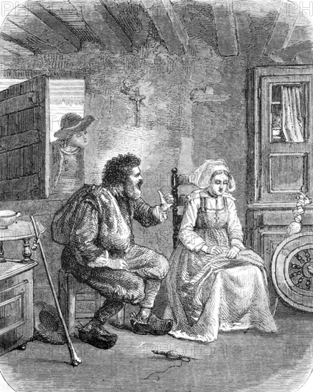 Bride wooer in Brittany, the wooer talks to the woman while the suitor watches through the window,