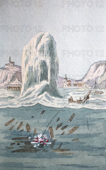 Explosion of a shipwreck by dynamite, 19th century, digitally enhanced reproduction of a 19th