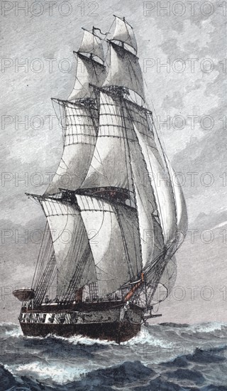 Sailing ship at full speed, digitally enhanced reproduction of a 19th century model, historical,