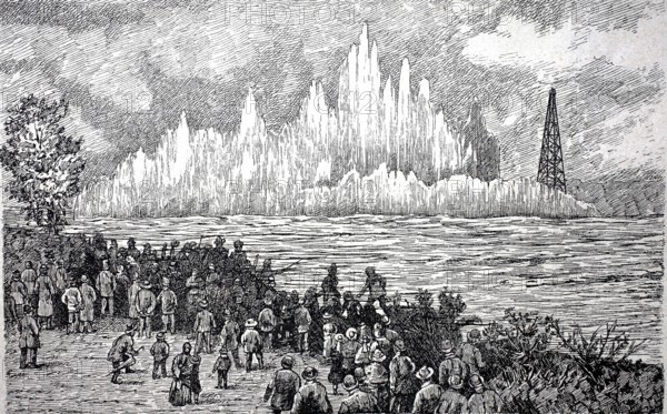 Blasting of the rocks of Ballets Point near New York, 19th century, America, digitally enhanced