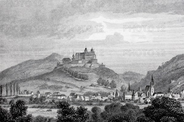 Plassenburg Castle and the town of Kulmbach in the Middle Ages, Upper Franconia, Bavaria, Germany,