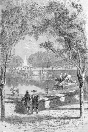 The gardens of Versailles seen from the large terrace, France, Historical, Reproduction from a 19th
