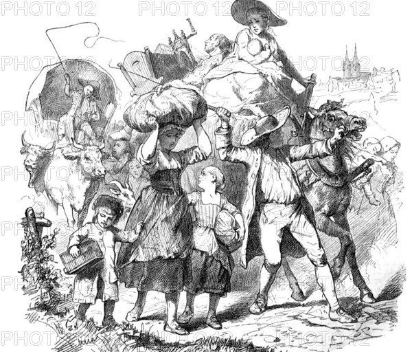 The refugees, family leaves with bag and baggage a city in which they are not wanted, Historical,