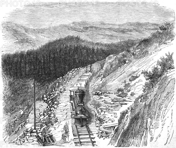 The Pacific Railway in America, Historical, Reproduction from a model with a scene from the 19th