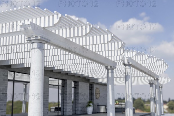 Detail of A beautiful marble and wood pergola patio cover