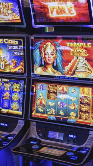 Las Vegas, USA, 2 May, 2025: Casino gambling blackjack and slot machines waiting for gamblers and