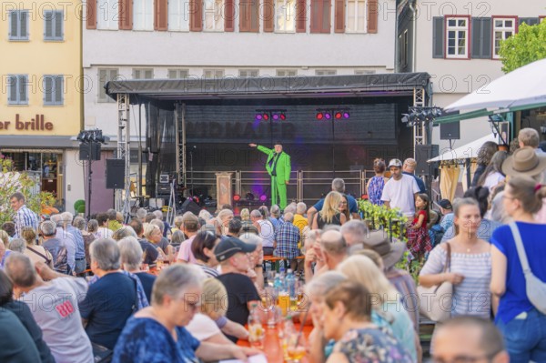 A man in a green suit speaks from a stage to a large crowd, 950 years Weil der Stadt ceremony,