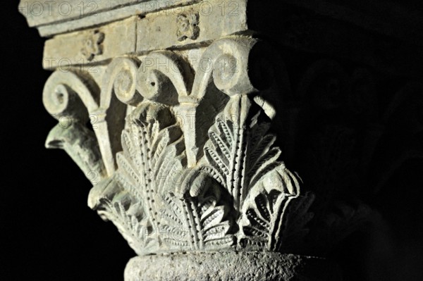Column capitals with plants, flora, relief in stone, underground grove of columns, pagan crypt,