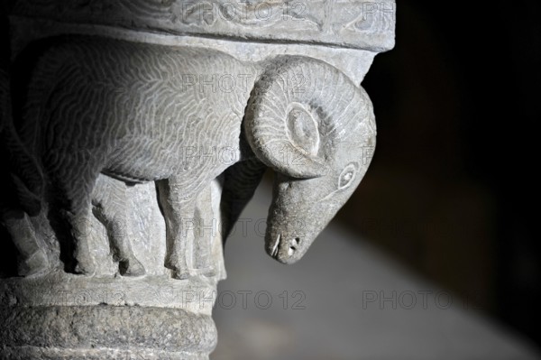 Column capital with ram, relief in stone, underground grove of columns, pagan crypt, 10th century,
