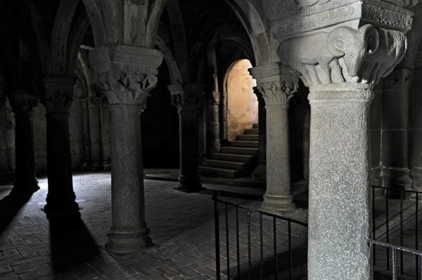 Vault, column capital with ram, relief in stone, underground grove of columns, pagan crypt, 10th