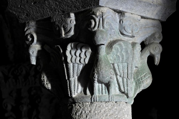 Column capital with dove, relief in stone, underground grove of columns, pagan crypt, 10th century,