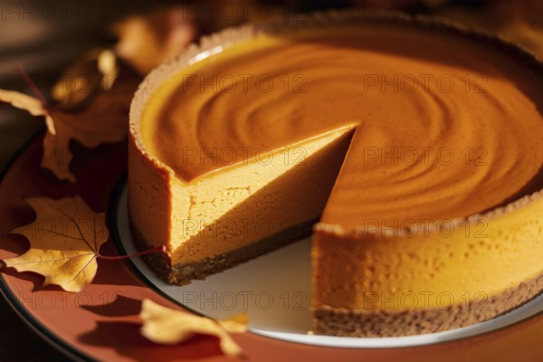 Creamy pumpkin cheesecake with piece taken out on autumn plate with rust-colored leaves and warm