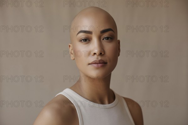 Confident young bald woman with stylish makeup posing in studio. Beauty, self-acceptance, and