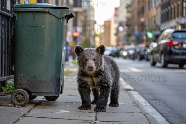 Young black bear cub standing by garbage can on city street. Wildlife drawn to human food waste.