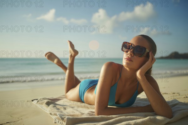 Woman relaxing on white sand beach wearing sunglasses and coral bikini under bright sun. Generative