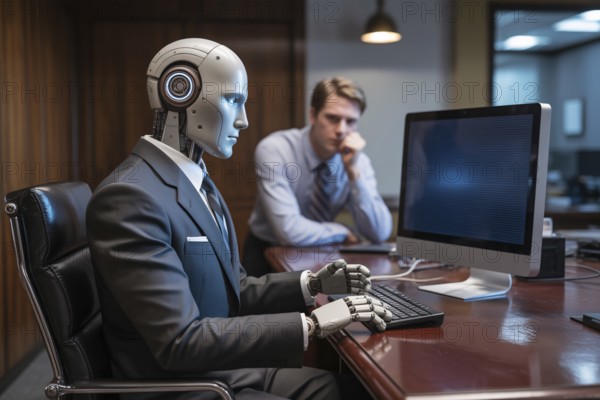 AI robot working on computer in office as human watche. AI replacing human labor concept Generative
