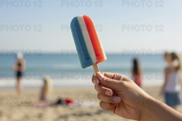 Hand holding melting American flag colored popsicle on sunny beach symbolizing summer and patriotic