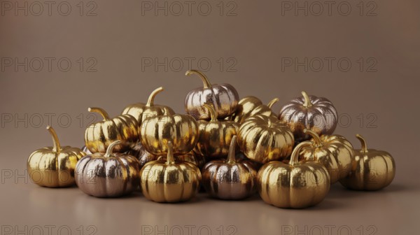 Metallic golden and copper pumpkins piled on brown background. Festive autumn harvest decoration