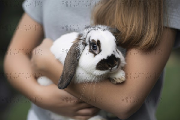 Woman holding lop-eared pet bunny in arms. Symbol of gentle pet companionship and animal care.