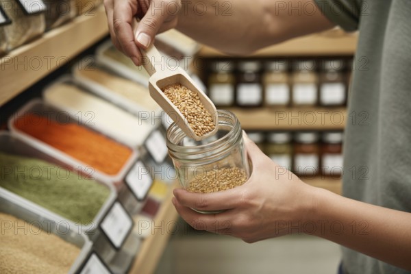 Hands filling small glass jar with grains using wooden scoop at bulk store. Concept of zero-waste