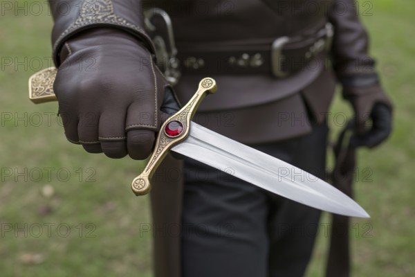 Close-up of hand in weathered leather glove holding medieval dagger with gemstone. Concept of