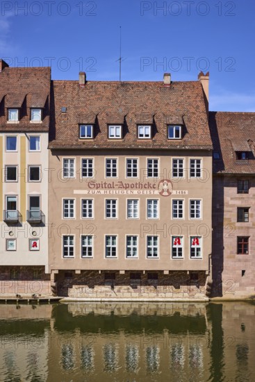 Spital-Apotheke, historical building, river Pegnitz, pharmacy, facade, window, abstract