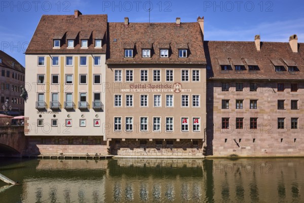 River Pegnitz, Spital-Apotheke, historical building, pharmacy, facade, window, reflections, water