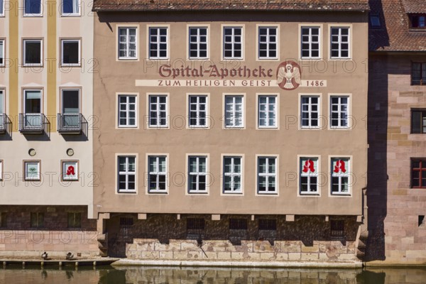 Spital-Apotheke, historical building, pharmacy, facade, window, sunny, Spitalgasse, Nuremberg,