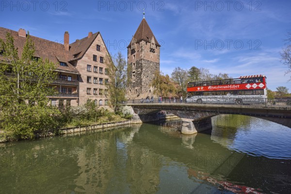 Tourism, city tours, bus, Schuldturm, river Pegnitz, bridge, historical buildings, house, trees,