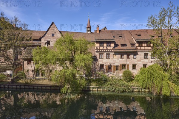 River Pegnitz, historic buildings, Babylon willow (Salix babylonica), trees, symmetrical