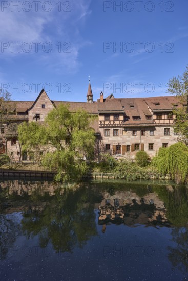 River Pegnitz, historic buildings, Babylon willow (Salix babylonica), trees, reflections, water