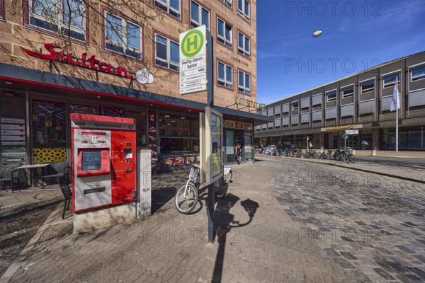 Bus stop Heilig-Geist-Spital, public transport, ticket machine, architecture, alleyway, cobblestone