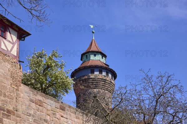 Kaiserburg, Sinnwell Tower, round tower, castle, castle wall, trees, blossoming tree, blue sky,