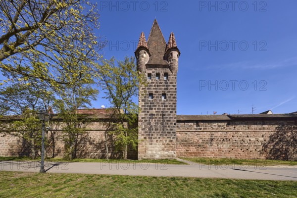 Old town, city fortification, city wall, defence defence tower, footpath, tree, lawn, blue sky,