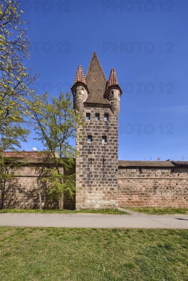 Old town, city fortification, city wall, defence defence tower, footpath, tree, lawn, blue sky,